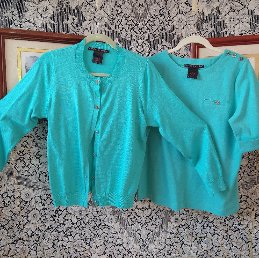 Mark Zunino light blue shirt and cardigan sweater coordinated set shoulder deco - Picture 1 of 7